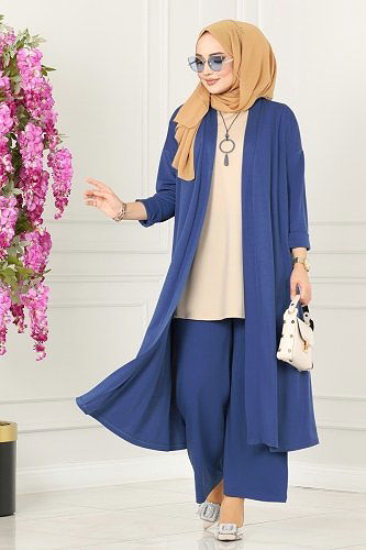 moda selvim Kolyeli Tesettür Üçlü Takım 4002YNS793 Taş&İndigo - Thumbnail