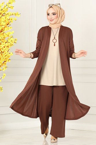 moda selvim Kolyeli Tesettür Üçlü Takım 4002YNS793 Taş&Kahve - Thumbnail