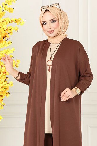 moda selvim Kolyeli Tesettür Üçlü Takım 4002YNS793 Taş&Kahve - Thumbnail