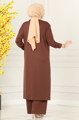 moda selvim Kolyeli Tesettür Üçlü Takım 4002YNS793 Taş&Kahve - Thumbnail