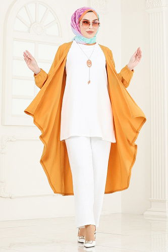 moda selvim Kolyeli Üçlü Aerobin Takım PL8058 Hardal&Ekru - Thumbnail