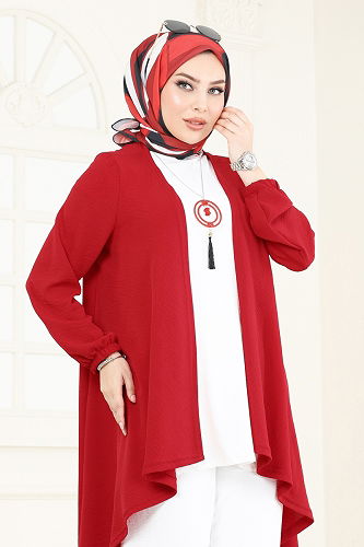 moda selvim Kolyeli Üçlü Aerobin Takım PL8058 Kırmızı&Ekru - Thumbnail