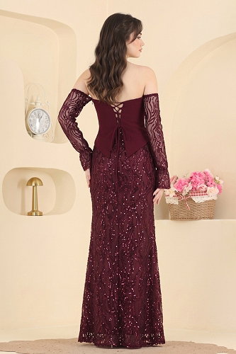 moda selvim Korse Detaylı Pullu Abiye 251DMNK1166 Bordo - Thumbnail