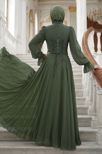 moda selvim Korse Detaylı Şifon Abiye 5544DMNK1166 Haki - Thumbnail