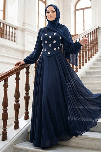 moda selvim Korse Detaylı Şifon Abiye 5544DMNK1166 Laci - Thumbnail