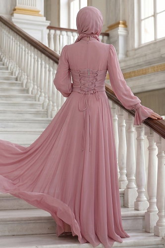 moda selvim Korse Detaylı Şifon Abiye 5544DMNK1166 Pudra - Thumbnail