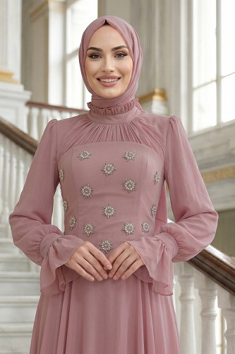 moda selvim Korse Detaylı Şifon Abiye 5544DMNK1166 Pudra - Thumbnail