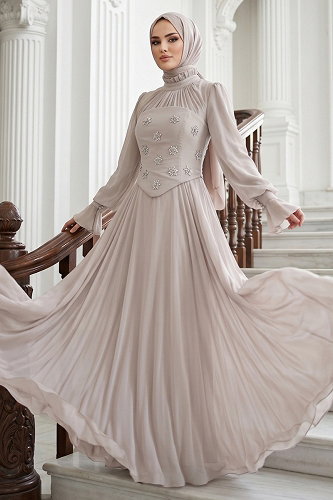 moda selvim Korse Detaylı Şifon Abiye 5544DMNK1166 Taş - Thumbnail