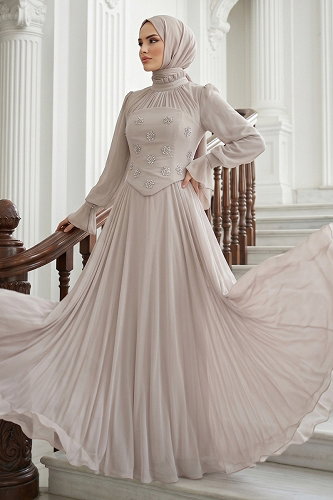moda selvim Korse Detaylı Şifon Abiye 5544DMNK1166 Taş - Thumbnail