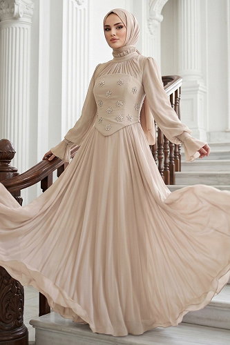 moda selvim Korse Detaylı Şifon Abiye 5544DMNK1166 Taş - Thumbnail