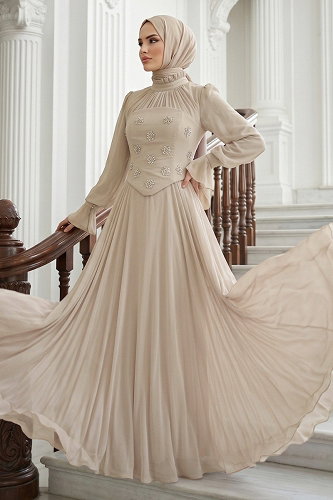 moda selvim Korse Detaylı Şifon Abiye 5544DMNK1166 Taş - Thumbnail