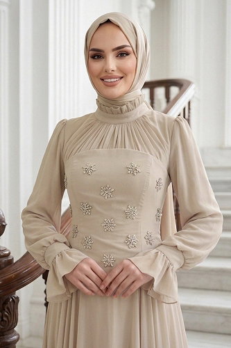moda selvim Korse Detaylı Şifon Abiye 5544DMNK1166 Taş - Thumbnail