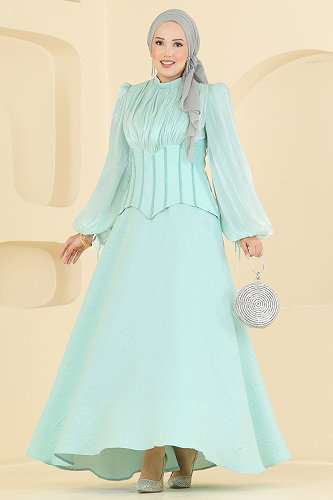 moda selvim Korse Detaylı Taşlı Abiye 179DMNK1166 Su Yeşili - Thumbnail
