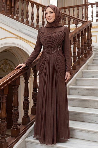 moda selvim Korsesi Dikili Saten Abiye 149DMNK1166 Kahve - Thumbnail