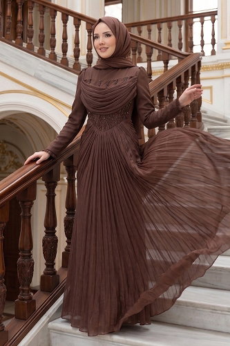 moda selvim Korsesi Dikili Saten Abiye 149DMNK1166 Kahve - Thumbnail