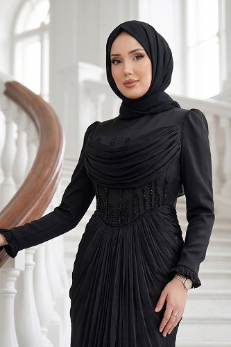moda selvim Korsesi Dikili Saten Abiye 149DMNK1166 Siyah - Thumbnail