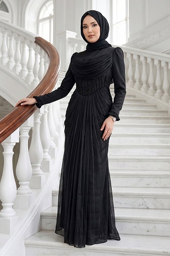 moda selvim Korsesi Dikili Saten Abiye 149DMNK1166 Siyah - Thumbnail