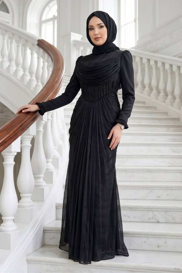 Modaselvim ABİYE Korsesi Dikili Saten Abiye 149DMNK1166 Siyah