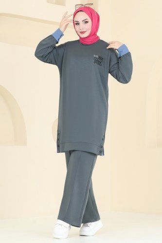moda selvim Kot Detaylı Modal Kumaş Takım 15880NVN696 Füme - Thumbnail