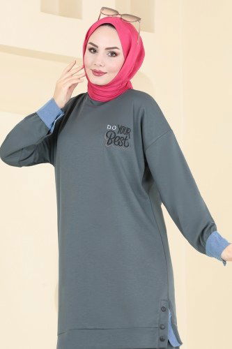 moda selvim Kot Detaylı Modal Kumaş Takım 15880NVN696 Füme - Thumbnail