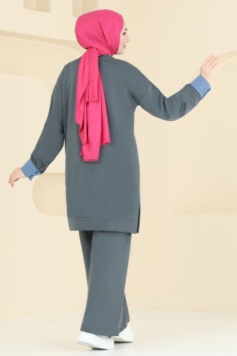 moda selvim Kot Detaylı Modal Kumaş Takım 15880NVN696 Füme - Thumbnail