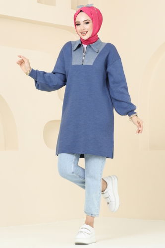 moda selvim Kot Yakalı Triko Tunik 9551KL398 İndigo - Thumbnail