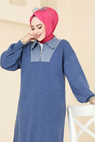 moda selvim Kot Yakalı Triko Tunik 9551KL398 İndigo - Thumbnail