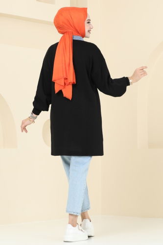 moda selvim Kot Yakalı Triko Tunik 9551KL398 Siyah - Thumbnail