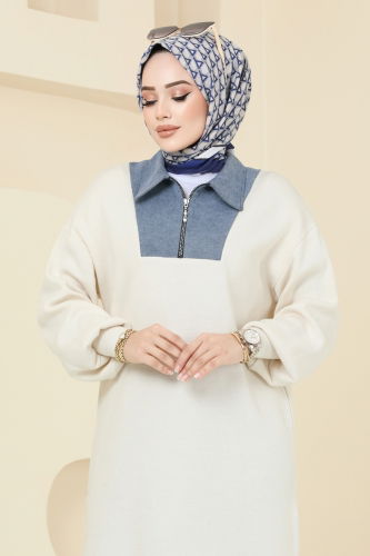 moda selvim Kot Yakalı Triko Tunik 9551KL398 Taş - Thumbnail