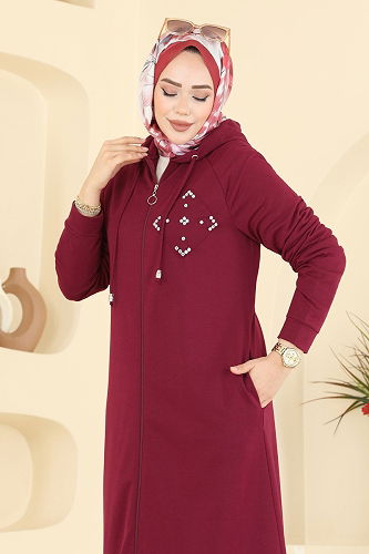 moda selvim Kristal Taşlı İki İplik Kap PL9186 Bordo - Thumbnail