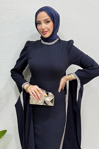 moda selvim Kristal Taşlı Krep Abiye 4728ALGK1170 Laci - Thumbnail