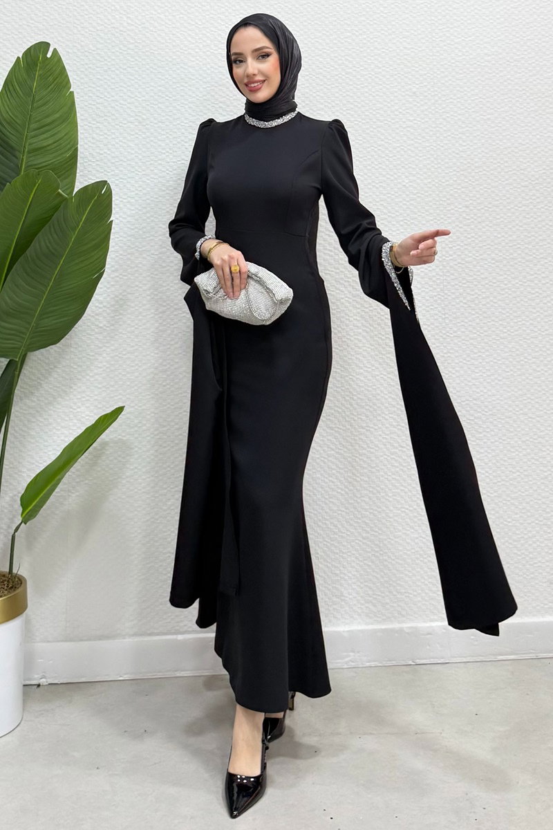 Kristal Taşlı Krep Abiye 4728ALGK1170 Siyah