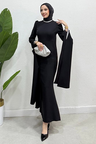moda selvim Kristal Taşlı Krep Abiye 4728ALGK1170 Siyah - Thumbnail
