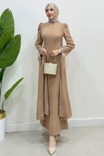 moda selvim Kristal Taşlı Krep Abiye 4728ALGK1170 Vizyon - Thumbnail