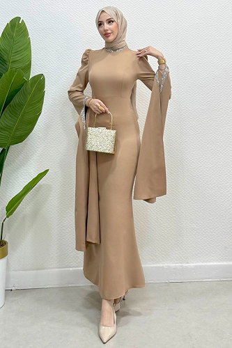 moda selvim Kristal Taşlı Krep Abiye 4728ALGK1170 Vizyon - Thumbnail