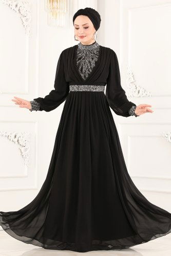 moda selvim Kruvaze Pilise Detaylı Şifon Abiye 52863ALM181 Siyah - Thumbnail