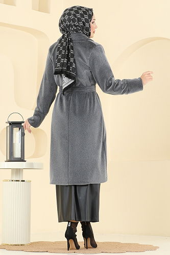 moda selvim Kruvaze Yaka Angora Kaban 6245BSK463 Antrasit - Thumbnail