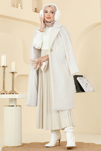 moda selvim Kruvaze Yaka Angora Kaban 6245BSK463 Ekru - Thumbnail