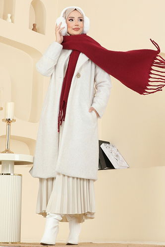 moda selvim Kruvaze Yaka Angora Kaban 6245BSK463 Ekru - Thumbnail