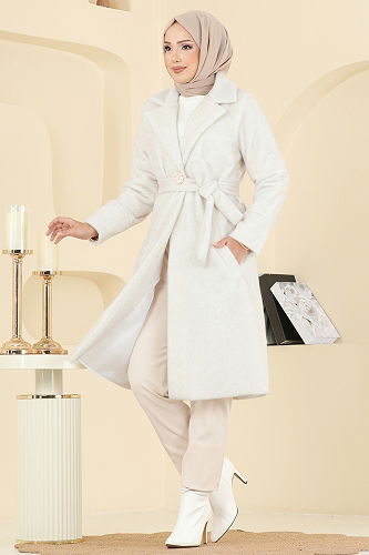 moda selvim Kruvaze Yaka Angora Kaban 6245BSK463 Ekru - Thumbnail