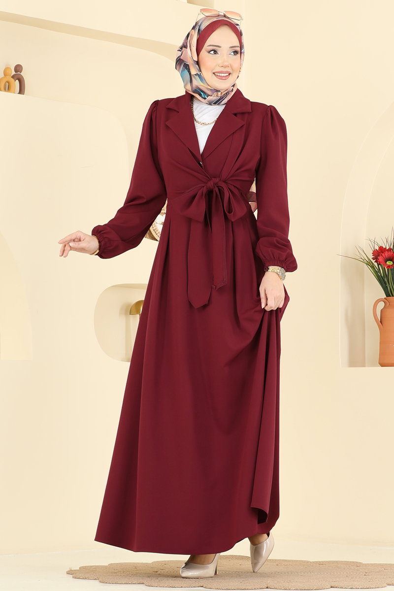 Kruvaze Yaka Bağcıklı Elbise 2812SL432 Bordo