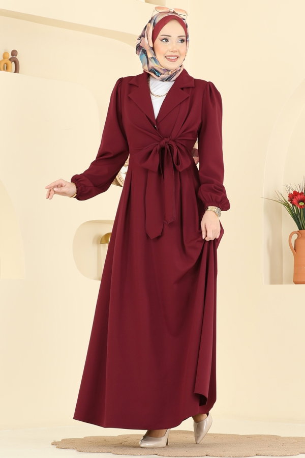 Modaselvim Elbise Kruvaze Yaka Bağcıklı Elbise 2812SL432 Bordo