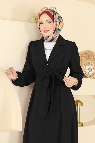 moda selvim Kruvaze Yaka Bağcıklı Elbise 2812SL432 Siyah - Thumbnail