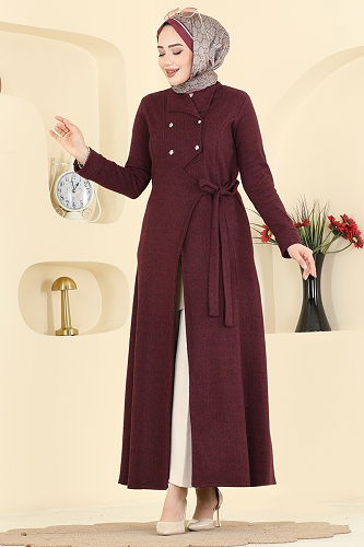 moda selvim Kruvaze Yaka Balıksırtı Ferace 24025UKB139 Bordo - Thumbnail
