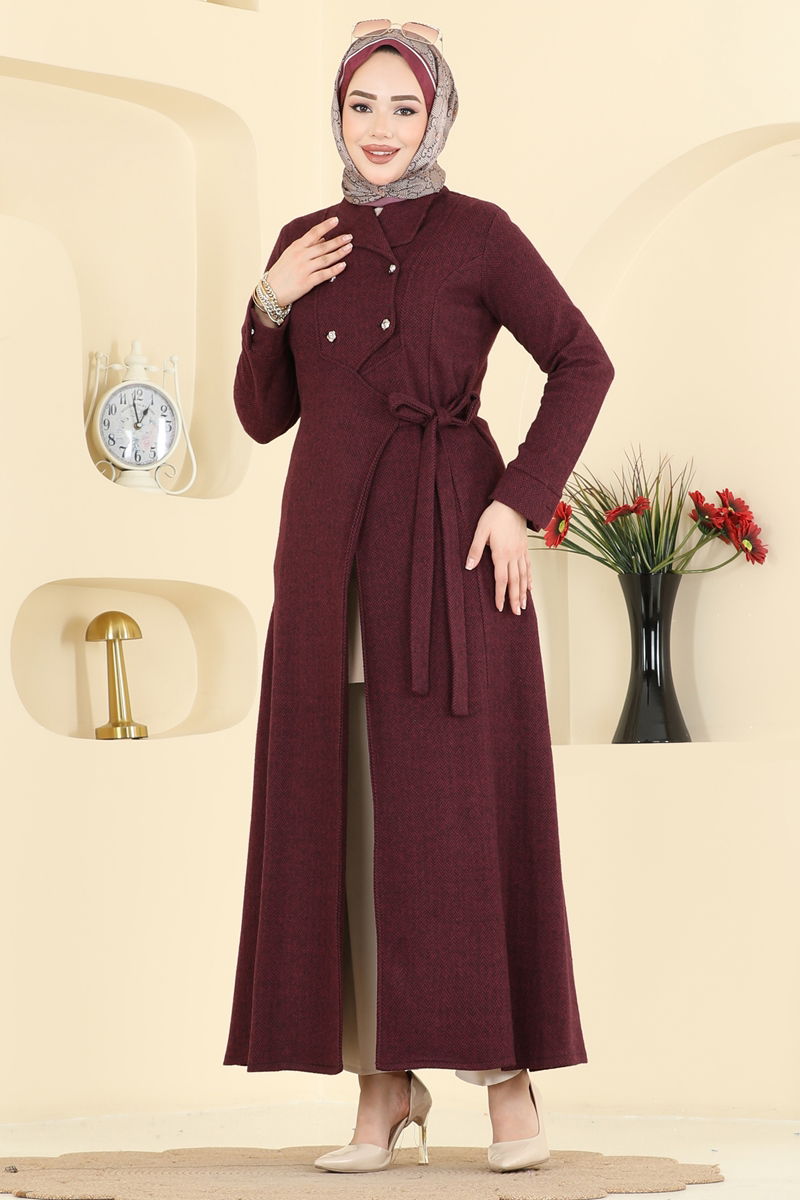 Kruvaze Yaka Balıksırtı Ferace 24025UKB139 Bordo