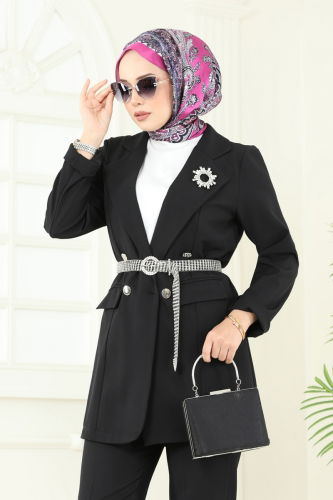 moda selvim Kruvaze Yaka Ceket Takım 8021TRT545 Siyah - Thumbnail