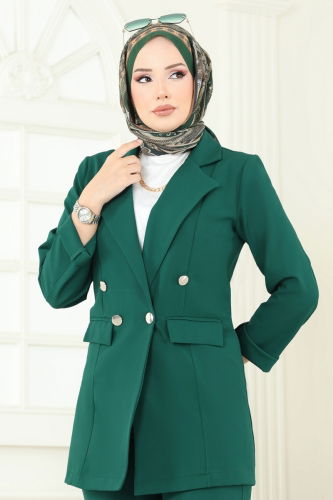 moda selvim Kruvaze Yaka Ceket Takım 8021TRT545 Zümrüt - Thumbnail