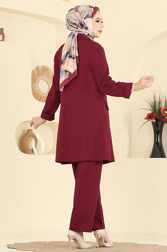 moda selvim Kruvaze Yaka Ceketli Takım 2626SL432 Bordo - Thumbnail