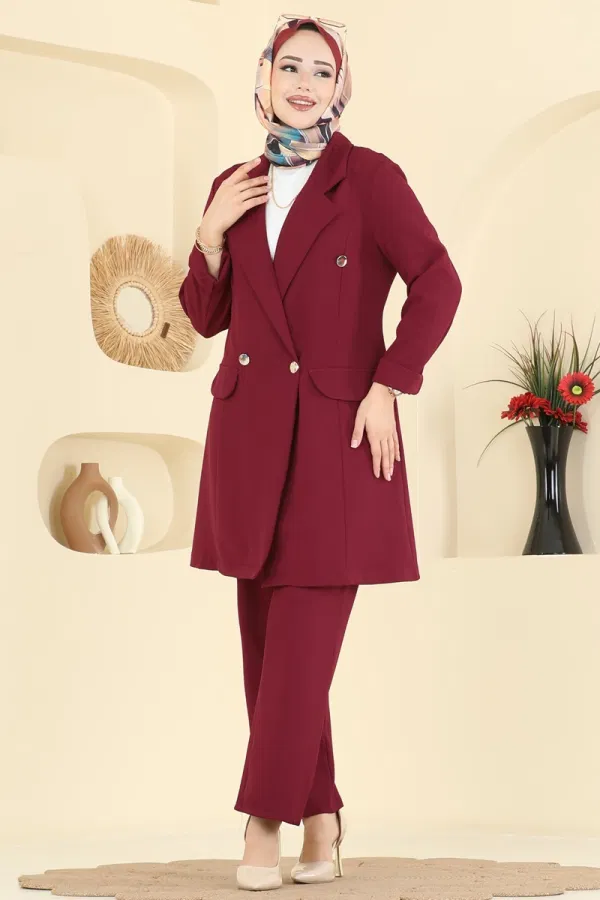 Modaselvim Kombin Kruvaze Yaka Ceketli Takım 2626SL432 Bordo