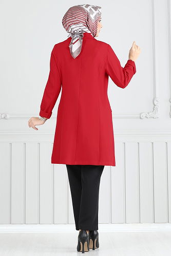 moda selvim Kruvaze Yaka Ceketli Takım 2626SL432 Kırmızı&Siyah - Thumbnail